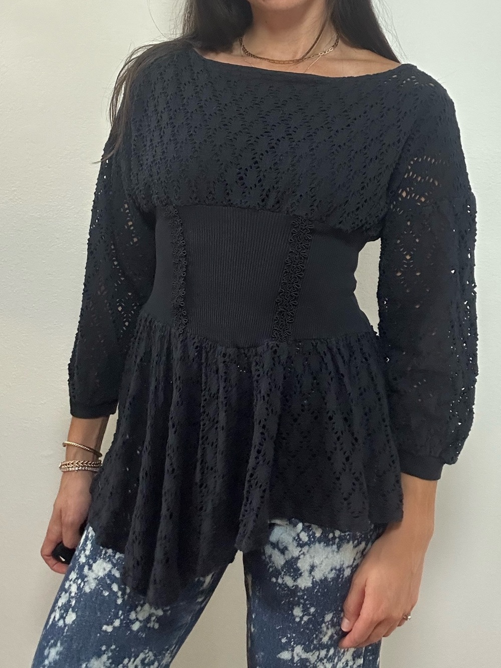 Vintage 80’s Black Peplum Eyelet Lace Top Boat Neck Asymmetric Hem Size M